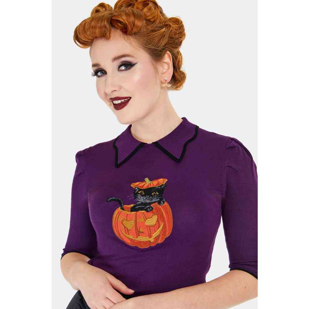 Voodoo Vixen - Cat Pumpkin Collared Sweatshirt - Lila